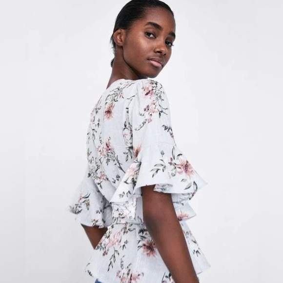Zara 100% Linen Floral Peplum Wrap Top Sz S Tie Waist Flutter Flare Sleeves NWT| - Picture 3 of 13